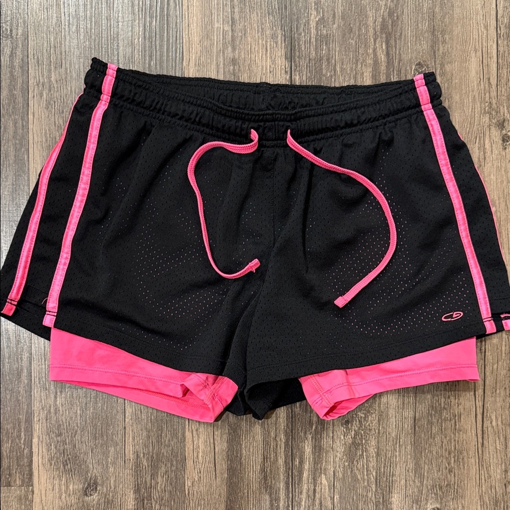 Champion Women's Black & Hot Pink Athletic Shorts Active Sport Medium Two Layer